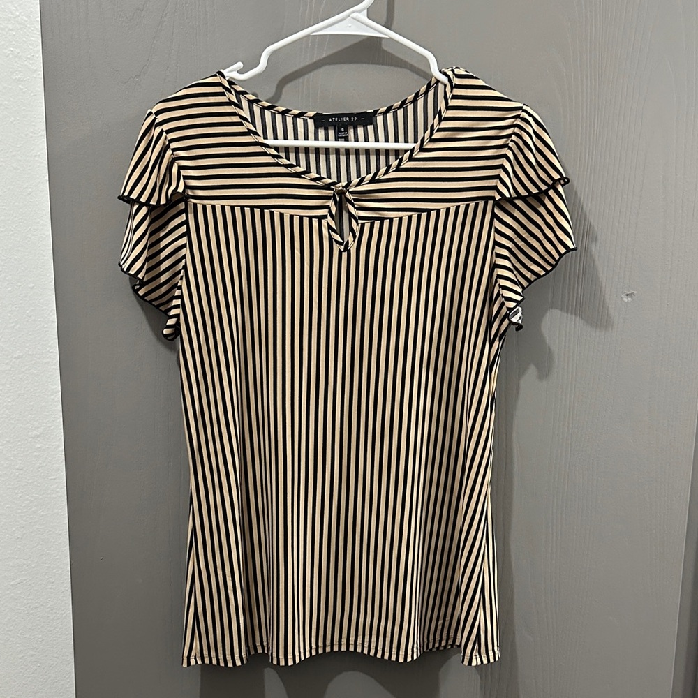 Cream & Black Striped Blouse with Button Detail